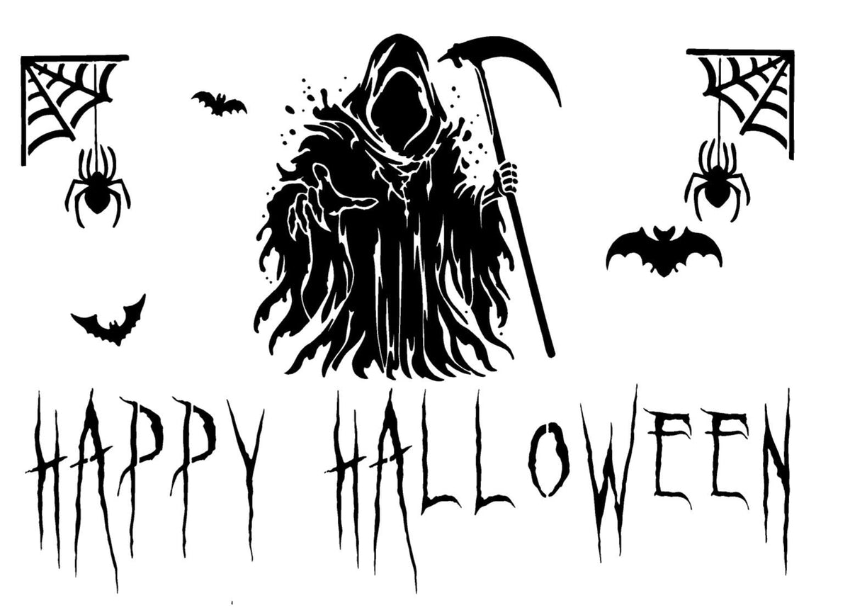 Black and white Halloween graphic featuring a grim reaper silhouette holding a scythe, spiders in webs, bats, and the text 'HAPPY HALLOWEEN' in a spooky font.