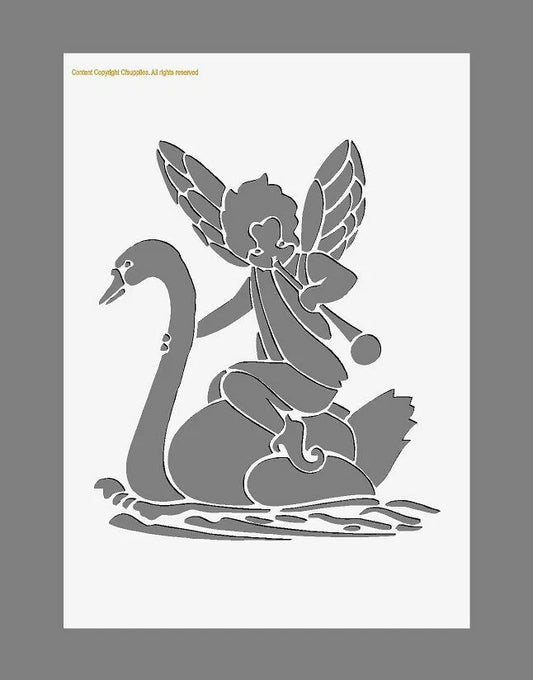 Winged cherub riding a swan on water