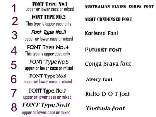 Eight numbered stencil font choices, with fonts 2 and 4 uppercase only.