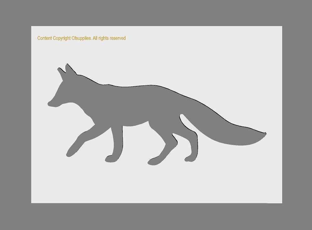 Animal 'FOX' Mylar Stencil featuring a grey fox silhouette with pointed ears, long body and bushy tail