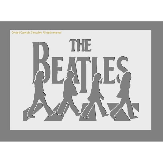 Beatles Logo Mylar Stencil 'Abbey Road Zebra Crossing' (2), grey polyester stencil with Beatles lettering and four figures