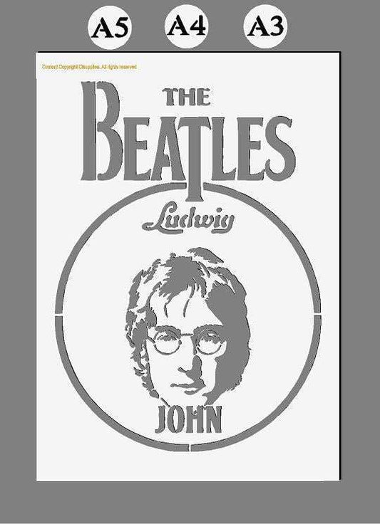 Beatles Mylar Stencils featuring a grey John Lennon portrait, Beatles lettering, Ludwig logo and circular design