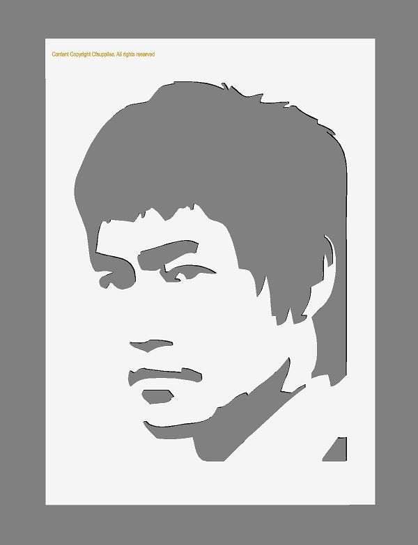 Bruce Lee Mylar Stencil featuring a monochrome portrait with bold cutout details and iconic facial features