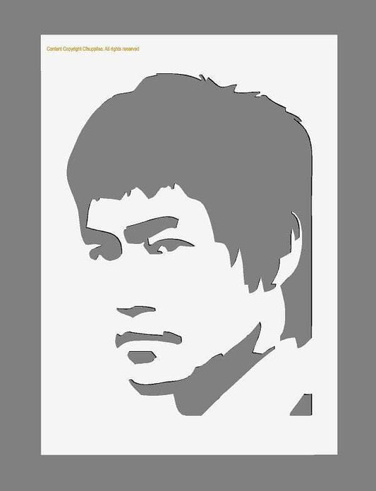 Bruce Lee Mylar Stencil featuring a monochrome portrait with bold cutout details and iconic facial features