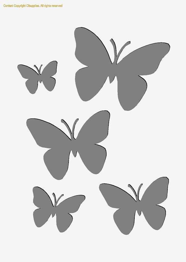 BUTTERFLIES Mylar Stencil featuring five grey butterfly cutout shapes in varied sizes