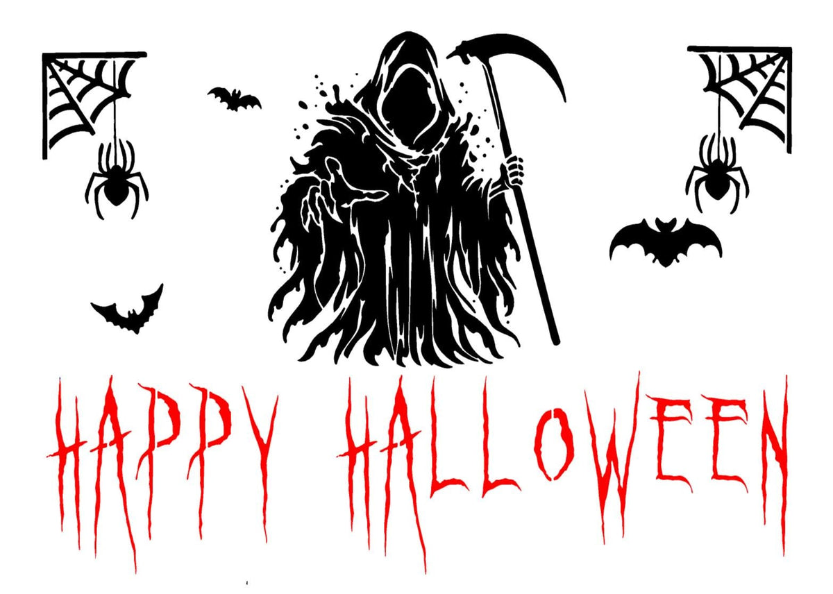 Halloween graphic design featuring a black grim reaper silhouette holding a scythe, black bats, hanging spiders in webs, and the words 'HAPPY HALLOWEEN' in dripping red lettering on a white background.