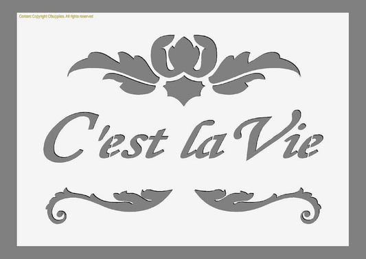 C'est la Vie Shabby Chic stencil in grey polyester with ornate French scrollwork and script lettering