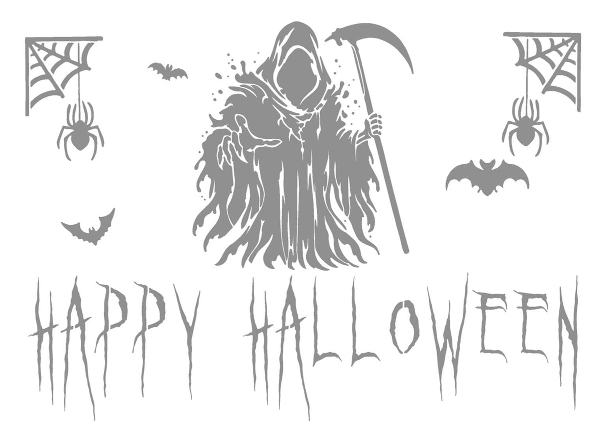 Gray Halloween graphic design featuring a hooded grim reaper with a scythe, spiders in webs, bats, and the text 'HAPPY HALLOWEEN' on a white background.