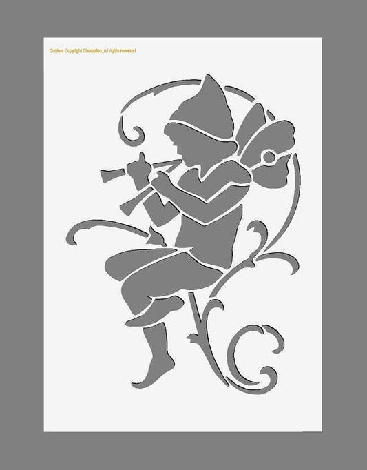 Elf Fairy Stencil in grey polyester, featuring a whimsical fairy playing a flute with flowing vines
