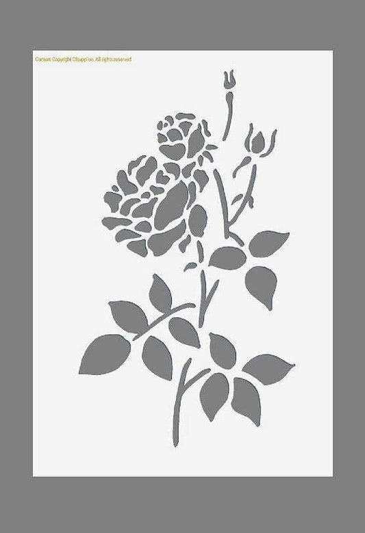 Floral Flower Mylar Stencil with grey botanical rose, leaves and stems cutout design on a reusable sheet