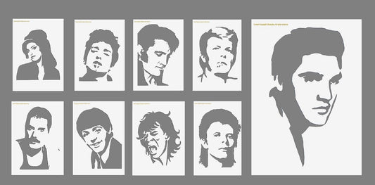 Elvis, Bowie, Amy Winehouse, Freddy Mercury, Jagger, Bob Dylan Music Icon Stencils