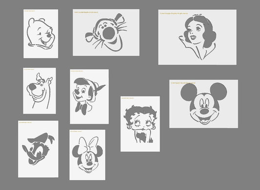Mylar Stencils Betty Boop, Scooby, Tigger, Winnie the Pooh, Mickey, Mini, Donald Duck cartoon Stencils