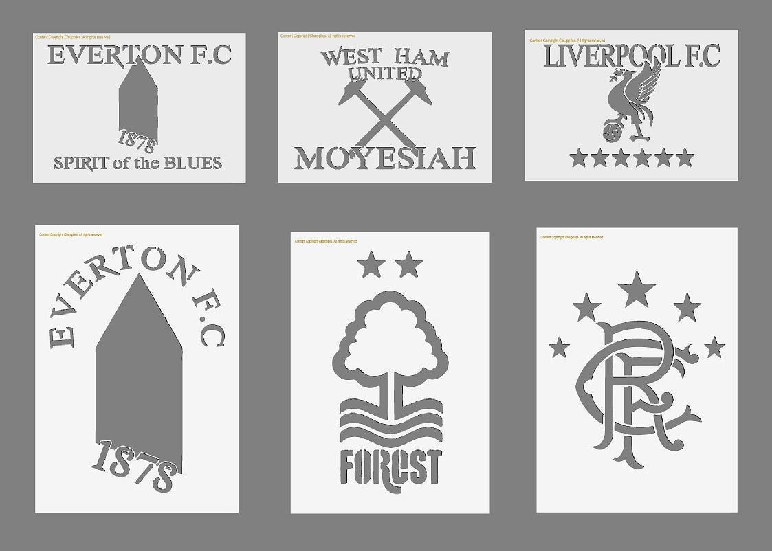 Liverpool FC, Everton FC, West Ham, Rangers, Nottm Forest  Mylar Stenc