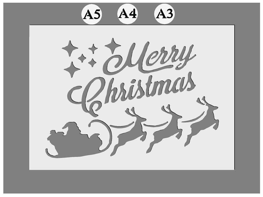 Mylar Stencils sheet with Merry Christmas lettering, stars, Santa in sleigh and reindeer cutout design
