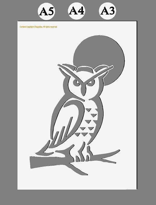 Night Owl Mylar Stencil featuring a grey owl with large eyes, pointed ear tufts, and branch design