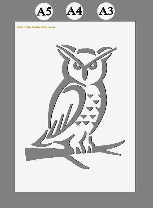 Owl Mylar Stencil featuring a bold grey owl with geometric feather details perched on a branch