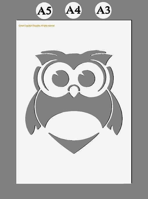 Owl Mylar Stencil featuring a whimsical grey owl design with large eyes and rounded wings