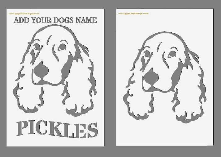 Personalised Custom Text Stencil featuring a black and white spaniel dog portrait with custom name text