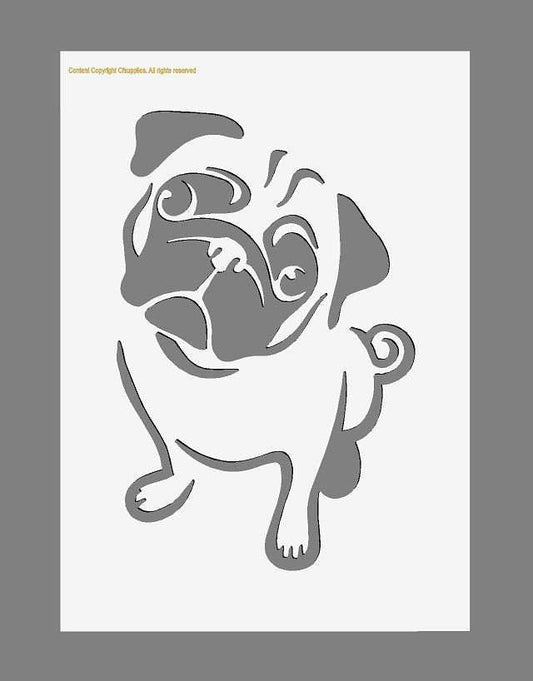 Pug Dog Mylar Plastic Stencil featuring a playful pug outline with expressive facial details and curled tail