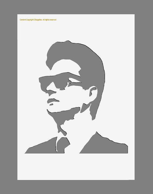 Roy Orbison Mylar Stencil featuring a monochrome portrait design with his sunglasses, swept hair and moustache