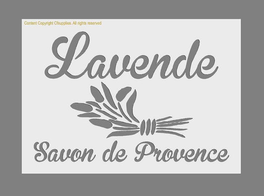Shabby Chic Paint Stencil in lavender with cursive lettering and a Provence lavender sprig design
