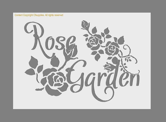 Shabby Chic Paint Stencil featuring a grey Rose Garden design with script lettering, roses, leaves and floral swirls