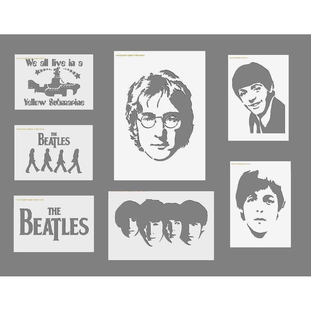 The Beatles stencil collection in grey polyester, featuring band portraits, walking figures and Yellow Submarine designs