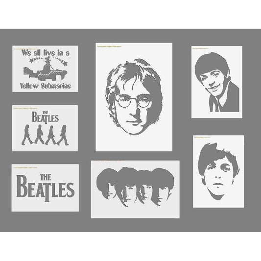 The Beatles stencil collection in grey polyester, featuring band portraits, walking figures and Yellow Submarine designs