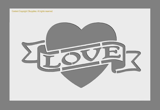 Vintage French Mylar Stencil featuring a love heart and ribbon banner with LOVE lettering