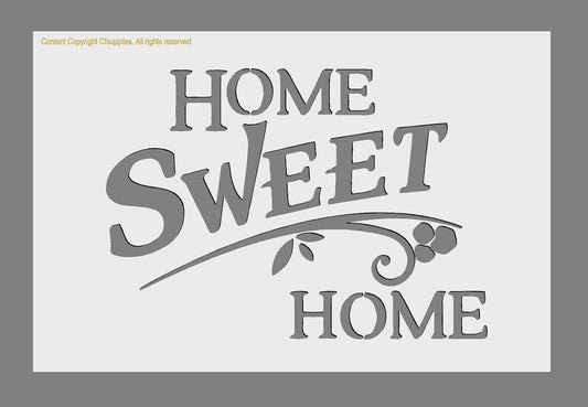 Vintage Shabby Chic Mylar Stencil in grey polyester with HOME SWEET HOME lettering and floral scroll design