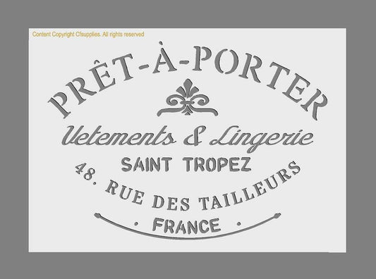 Vintage Shabby Chic Stencil in translucent polyester with Pret-A-Porter French fashion lettering and fleur-de-lis motif