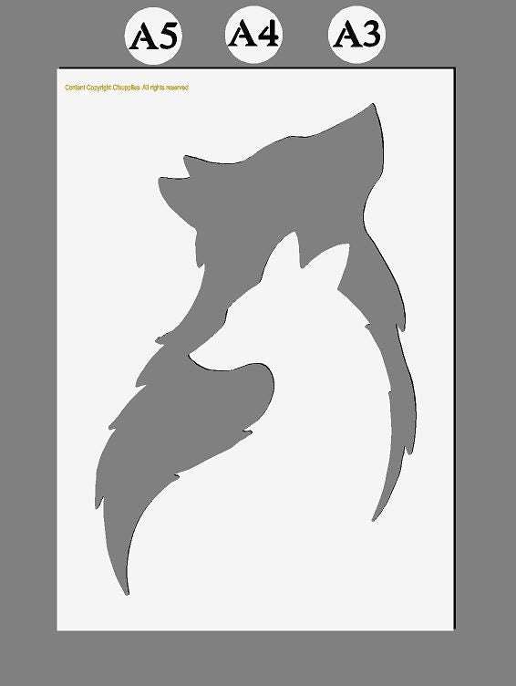 Wolf and Fox Mylar Stencil featuring bold grey wolf and fox silhouettes on a reusable sheet