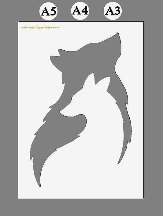 Wolf and Fox Mylar Stencil featuring bold grey wolf and fox silhouettes on a reusable sheet